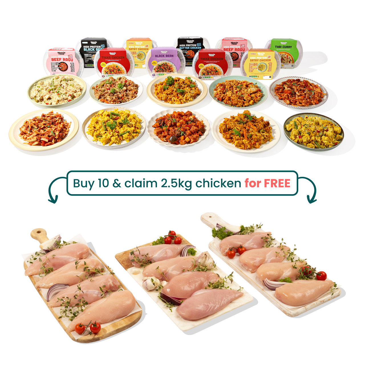 10 x Healthy ready meals + 2.5kg chicken breasts FREE