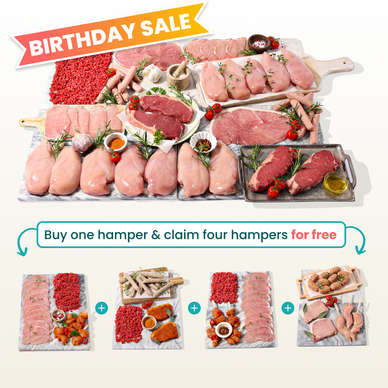 Buy 1 hamper & claim 4 birthday hampers free